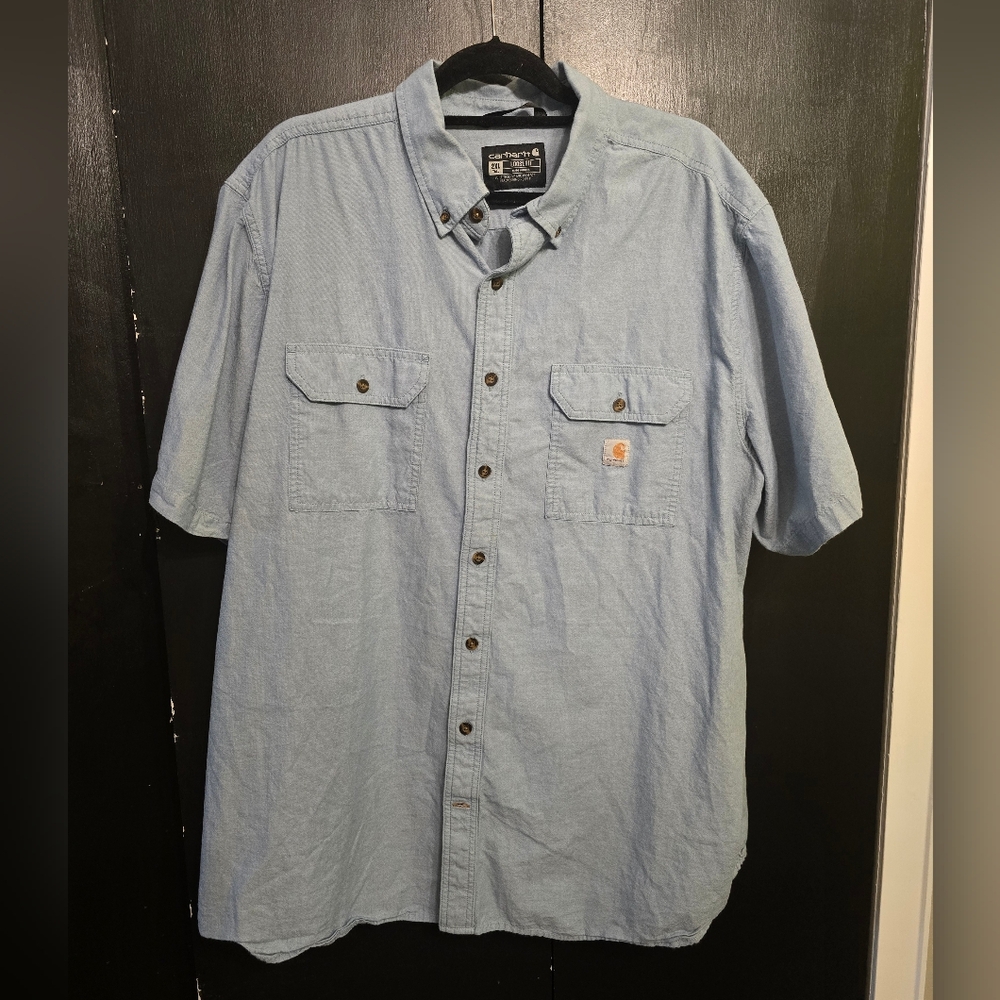 Carhartt Men's Light Blue Chambray Short Sleeve Button-Down Shirt 2XL Tall
